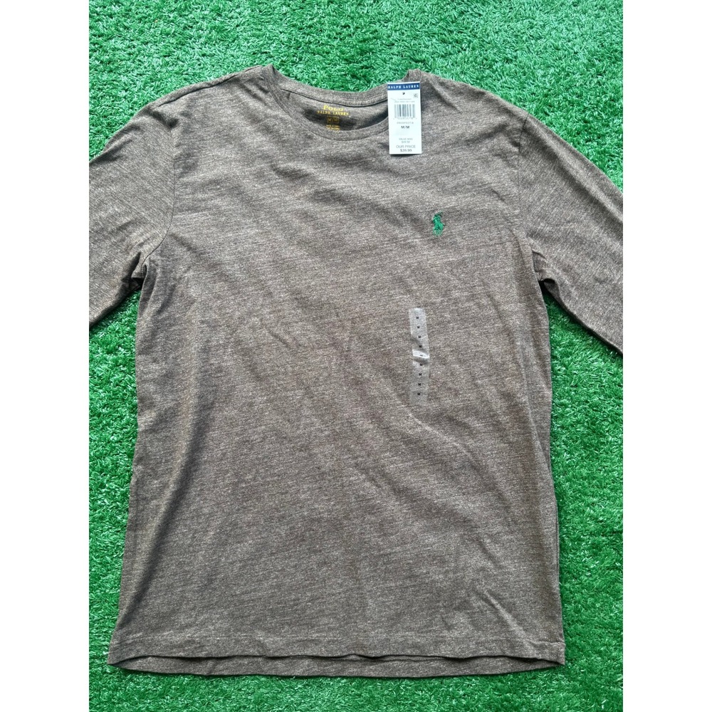 Polo Ralph Lauren Mens Long Sleeve T-Shirt Brown Marl Heather Green Pony M NEW